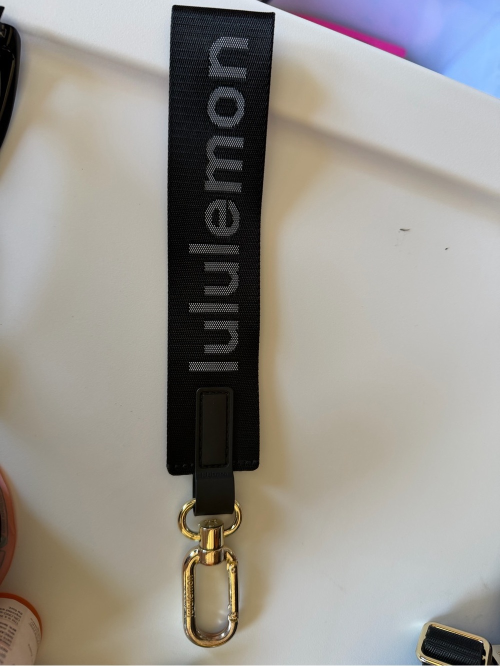 lululemon athletica Black Logo Key Strap with Gold Hardware